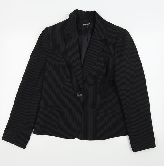 Front view of Papaya women’s black striped jacket blazer, size UK 16