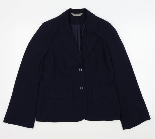 Front view of South women’s blue striped jacket blazer, size UK 16