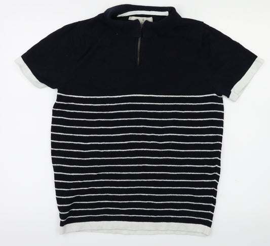 Front view of 2nd Chapter men’s blue striped t-shirt, size S