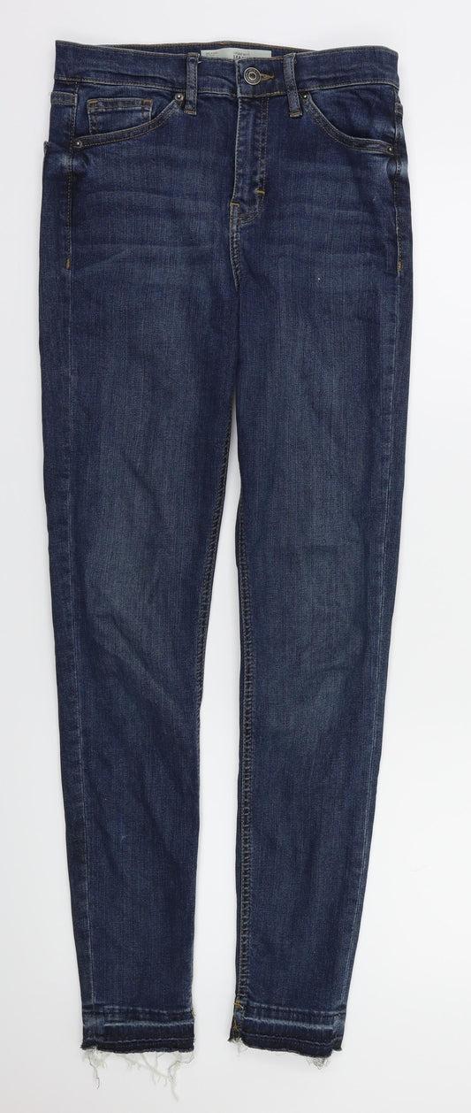 Front view of Topshop women’s blue skinny jeans, size UK 29, in, 32-inch leg