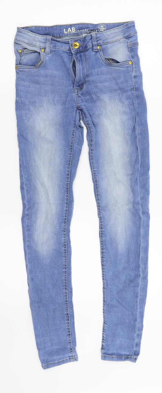 Front view of Lab Industries girls’ blue denim skinny jeans, size 12-13, years