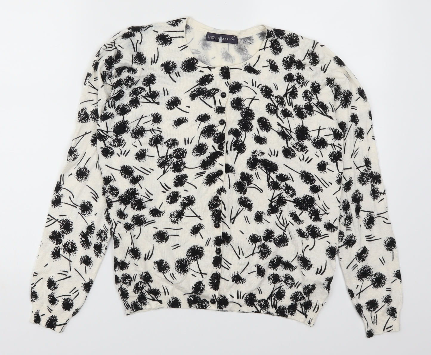 Marks and Spencer Womens White Floral  Cardigan Jumper Size 14  - Black and White