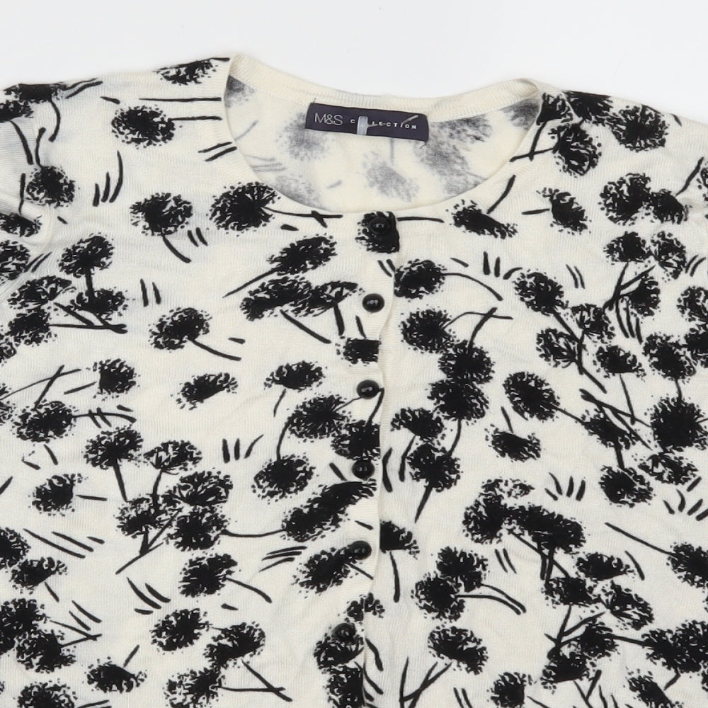 Marks and Spencer Womens White Floral  Cardigan Jumper Size 14  - Black and White