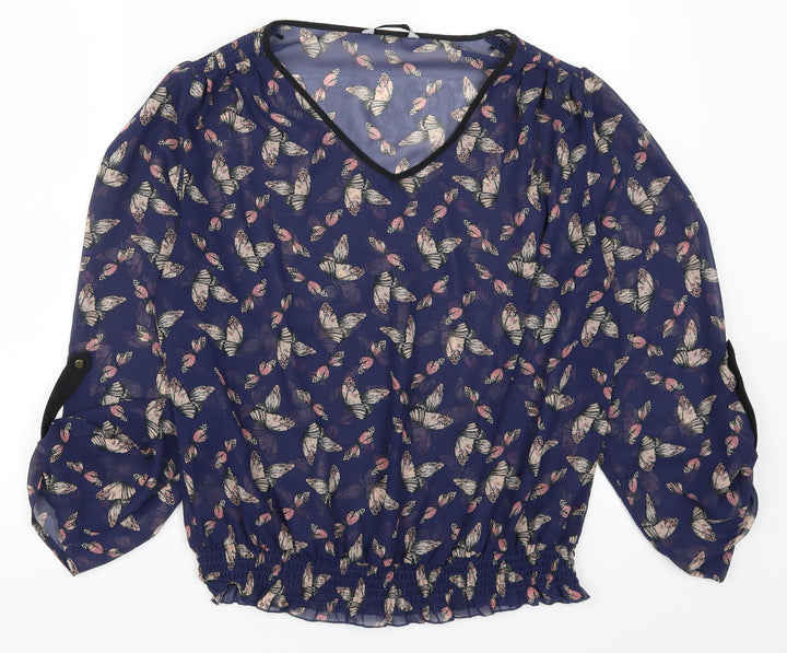 TU Womens Blue Basic Blouse Size 14 - Butterfly Print