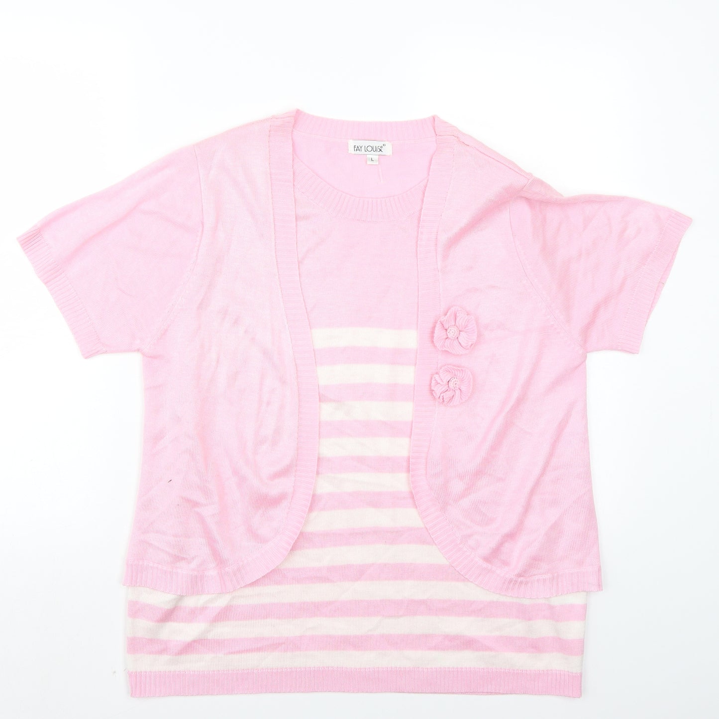 Fay Louise Womens Pink Striped  Basic T-Shirt Size L