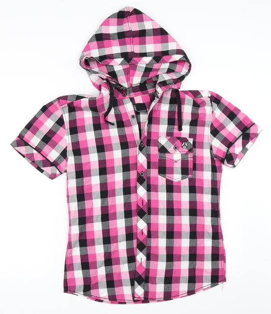 Front view of Denim73 men’s pink check button-up, size S