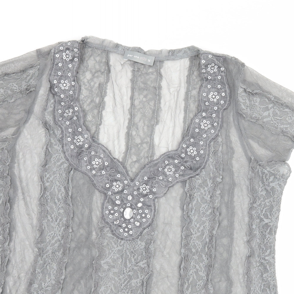 Per Una Womens Grey Striped Lace Basic T-Shirt Size 16  - Embelished Neckline