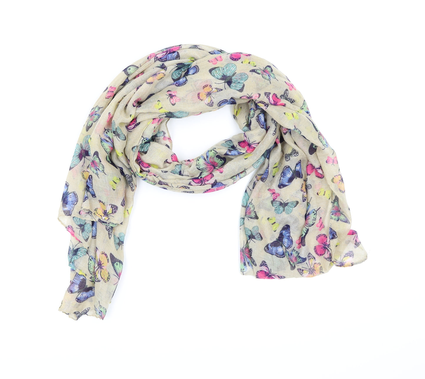 Preworn Womens Beige Floral   Scarf   - butterflies