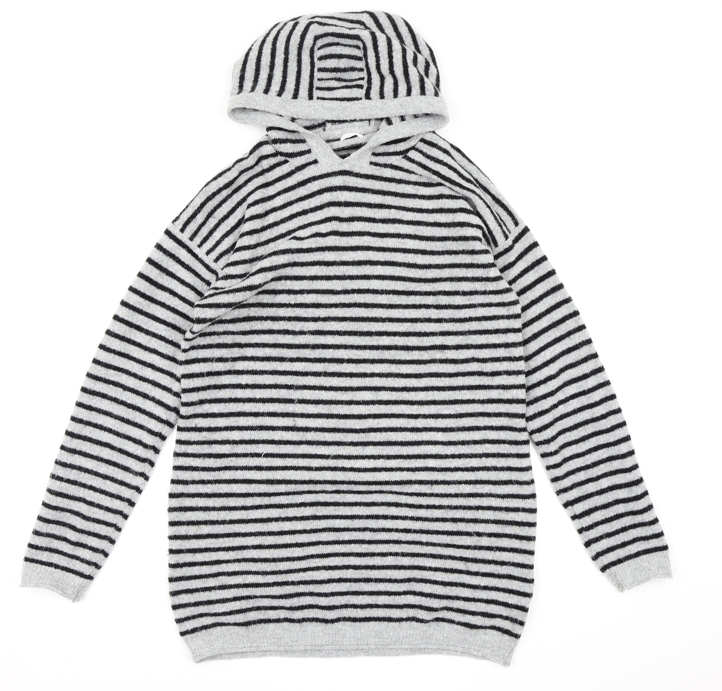 NEXT Girls Grey Striped Fleece Pullover Hoodie Size 15 Years