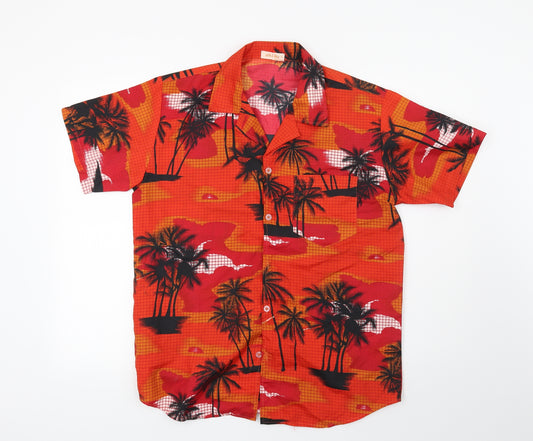 Front view of SEA & SUN men’s red button-up, size M, - palm trees