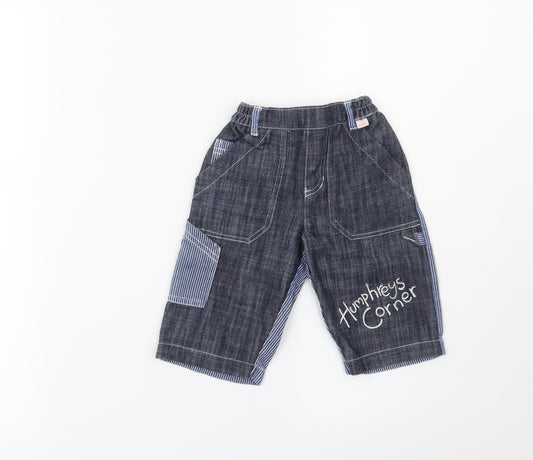 Front view of Mothercare boys’ blue cargo jeans, size 3-6, months