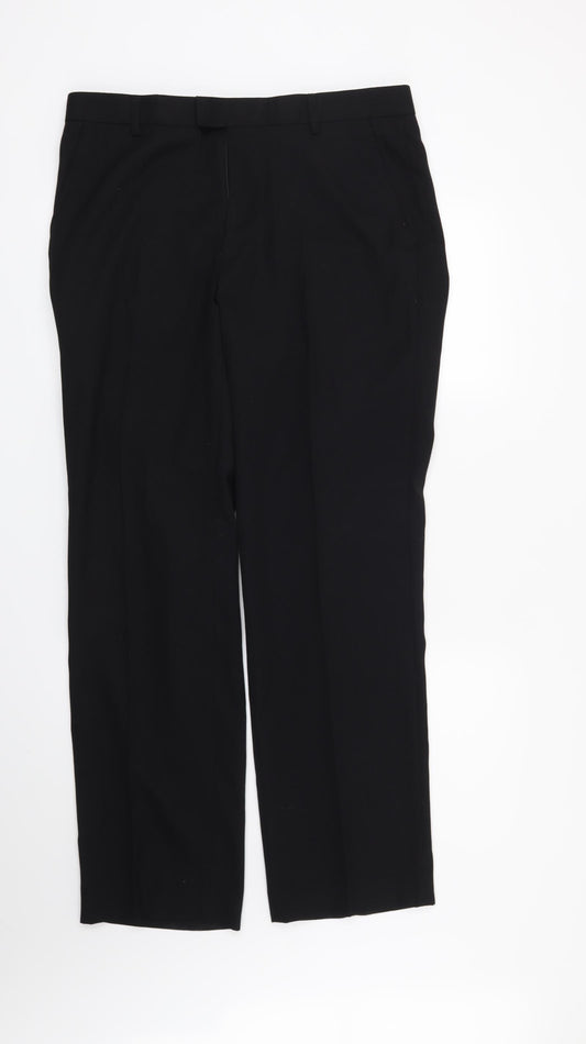 Front view of Burton men’s black trousers, size 34, in, 31-inch leg