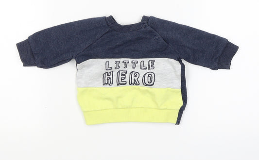 Front view of F&F boys’ grey colourblock jumper, size 0-3, months - little hero
