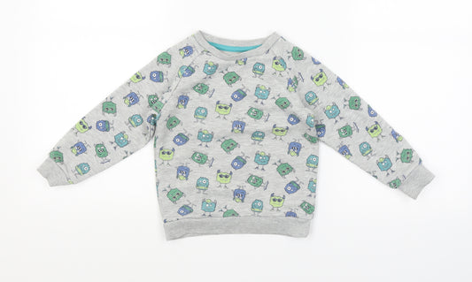 Front view of Primark boys’ grey polka dot jumper, size 2, years - monsters