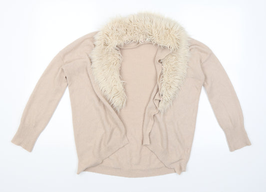 Front view of River Island girls’ pink knit cardigan jumper, size 11-12, years - detachable fur collar`