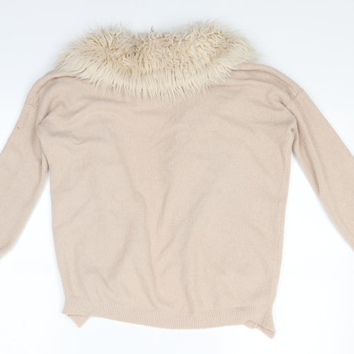 River Island Girls Pink  Knit Cardigan Jumper Size 11-12 Years  - Detachable fur collar`