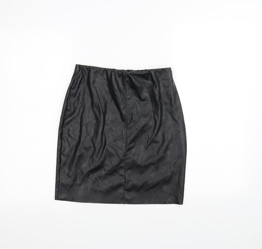 Front view of Boohoo women’s black mini skirt, size UK 8