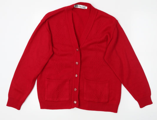 Front view of SH Collection women’s red cardigan jumper, size L