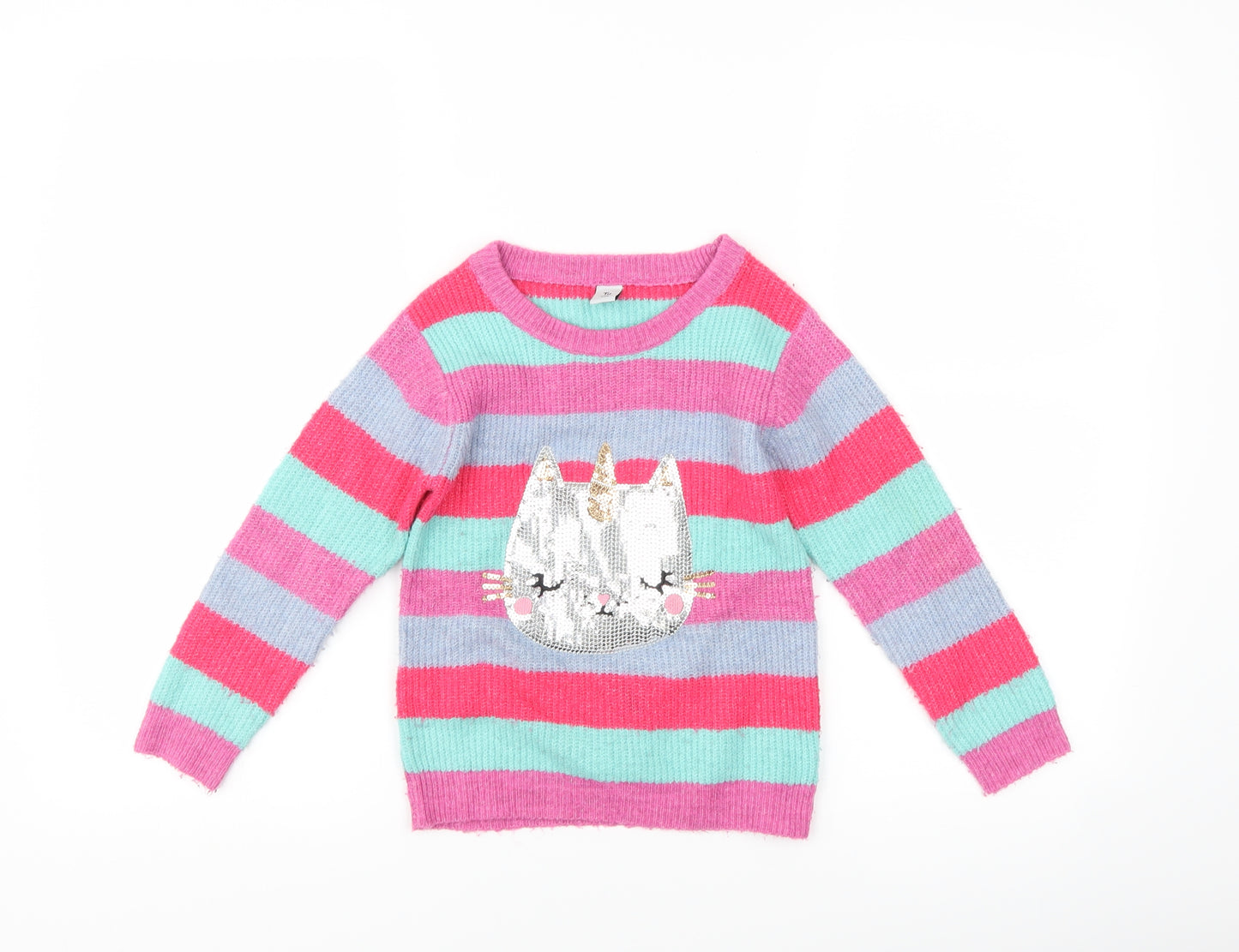 TU Girls Purple Striped  Pullover Jumper Size 4-5 Years  - Cat Unicorn