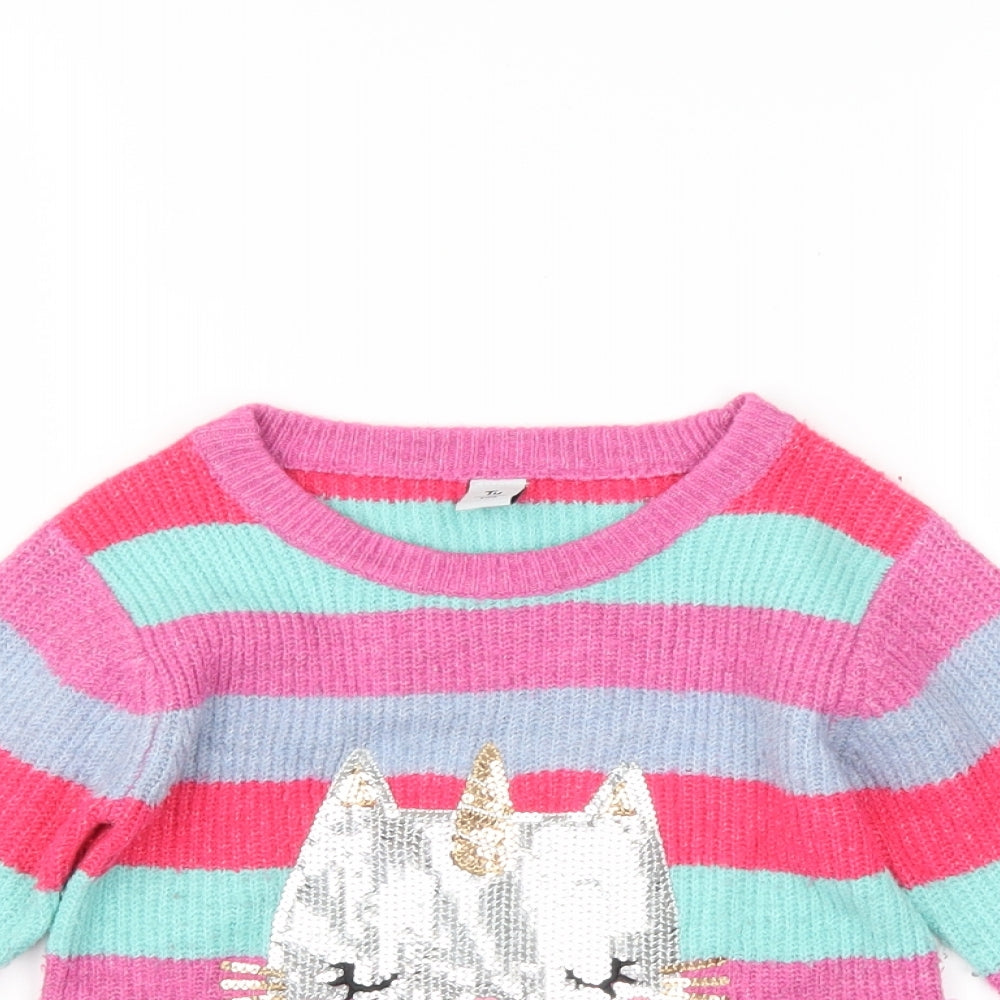 TU Girls Purple Striped  Pullover Jumper Size 4-5 Years  - Cat Unicorn