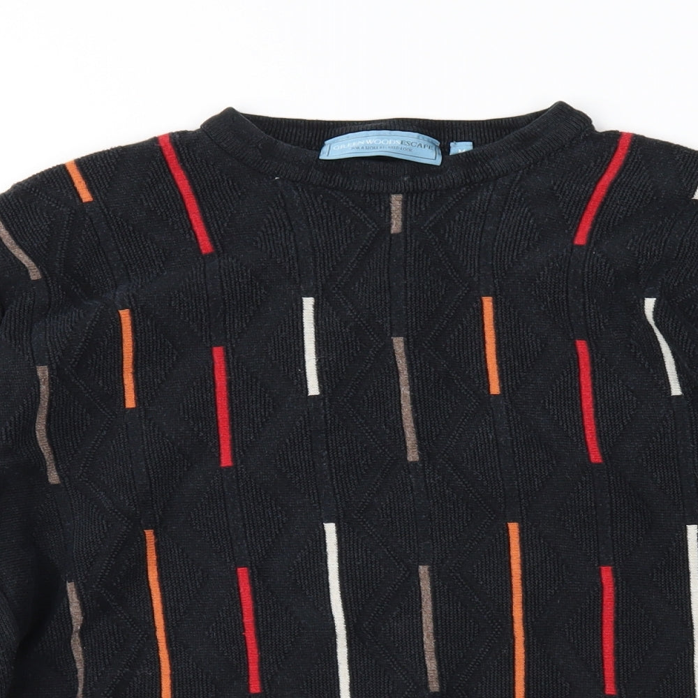 Greenwoods Mens Black Geometric Knit Pullover Jumper Size M