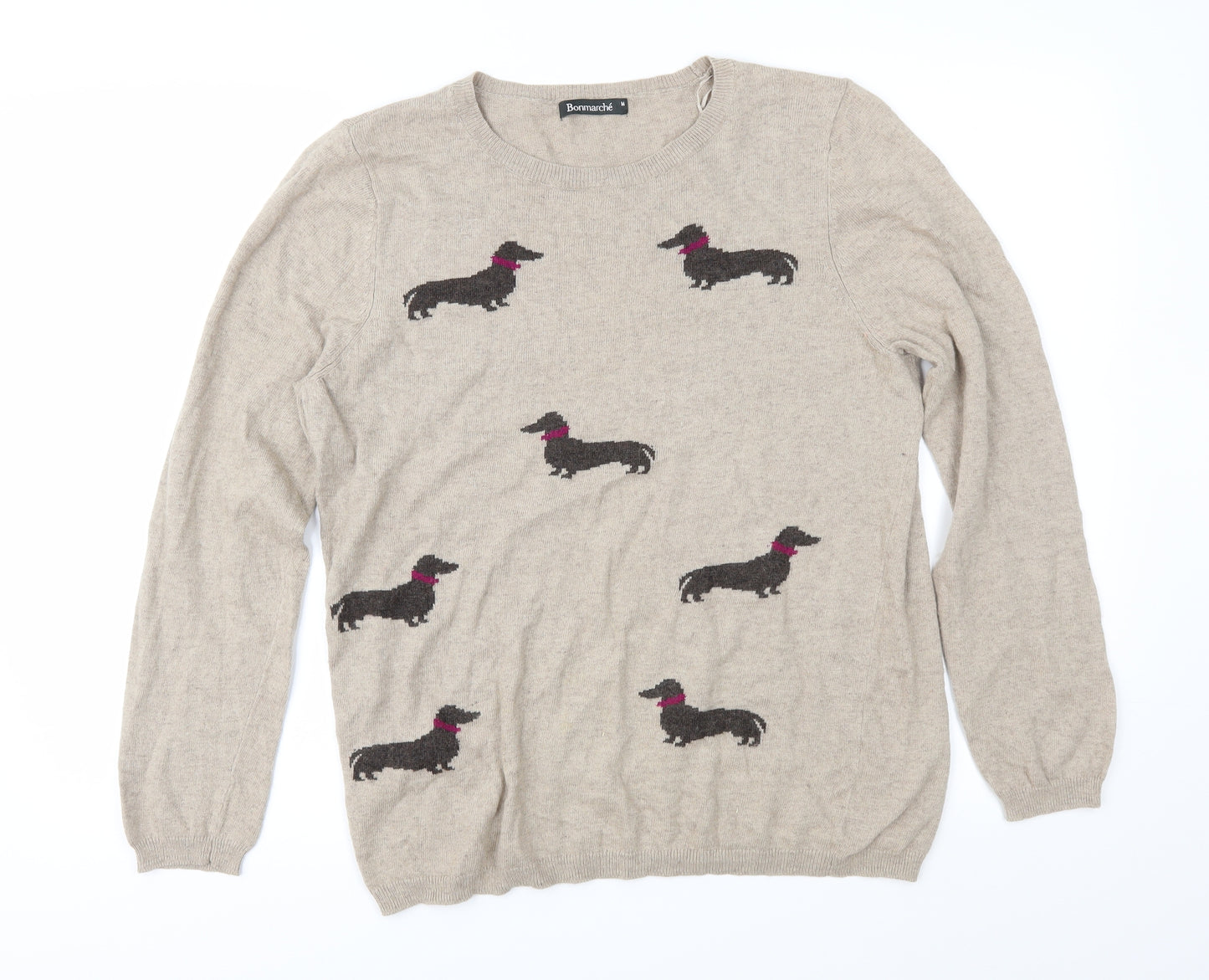 Bonmarché Womens Beige Geometric Knit Pullover Jumper Size M  - Dogs