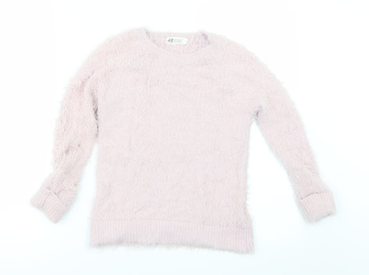 Front view of H&M girls’ pink jumper, size 7-8, years - fluffy