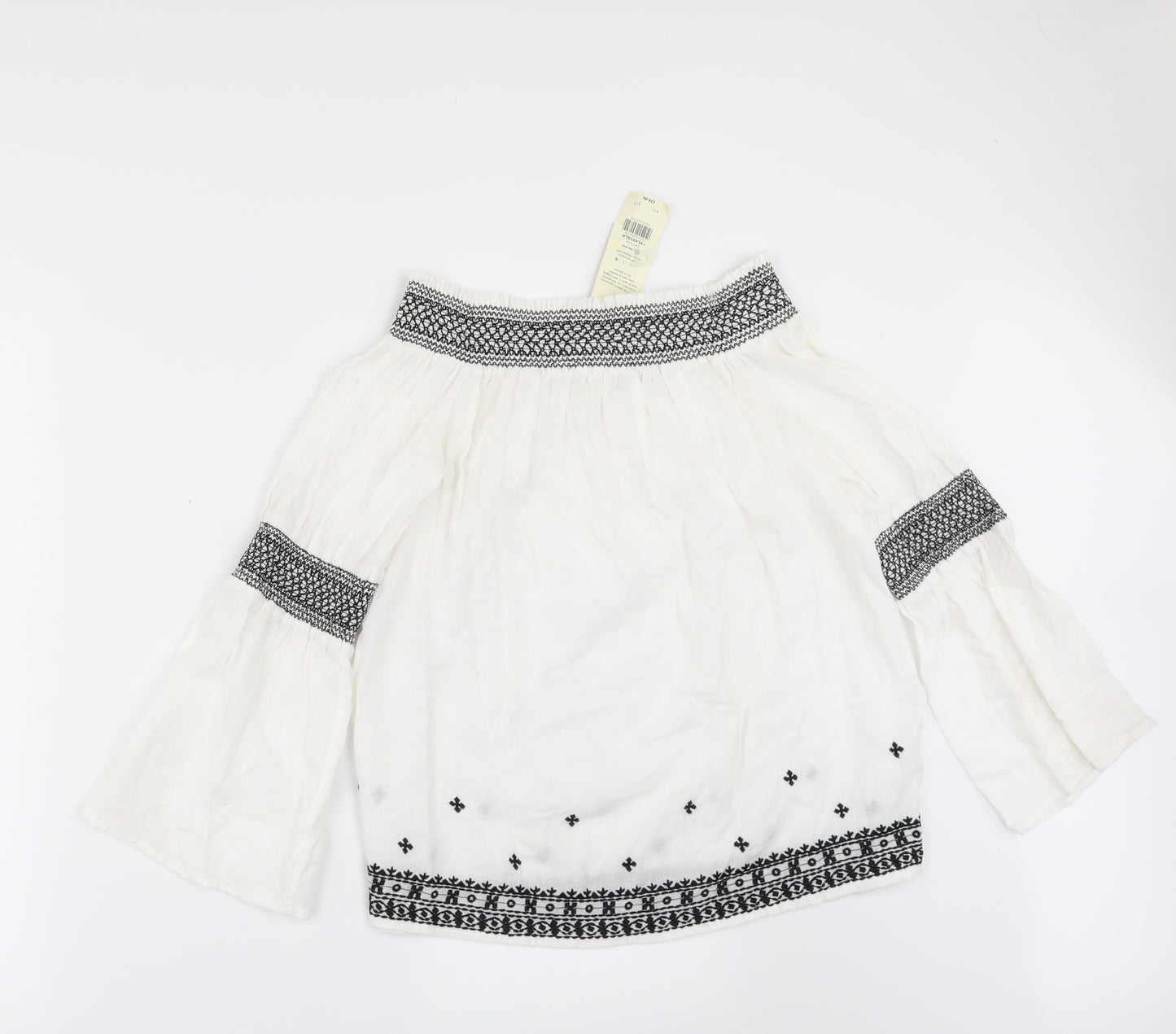 Miss Selfridge Womens White Geometric  Ringer Blouse Size 8  - flared sleeves