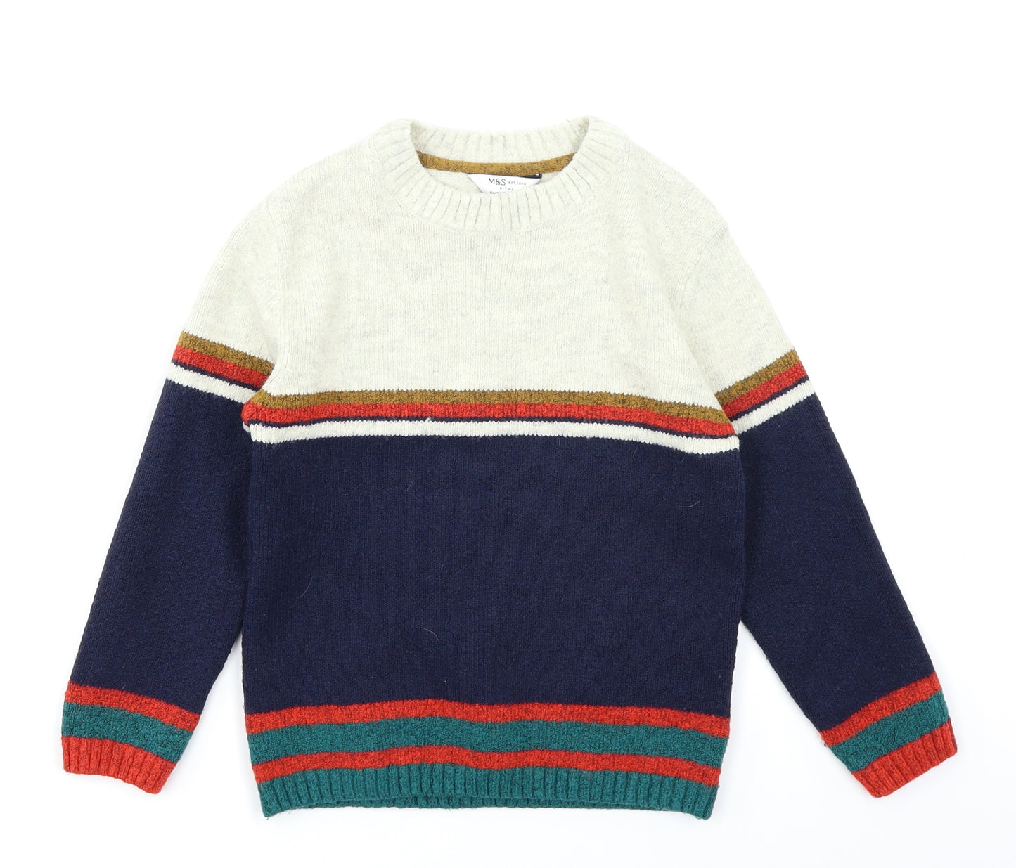 M&S Boys Blue Colourblock Knit Pullover Jumper Size 6-7 Years