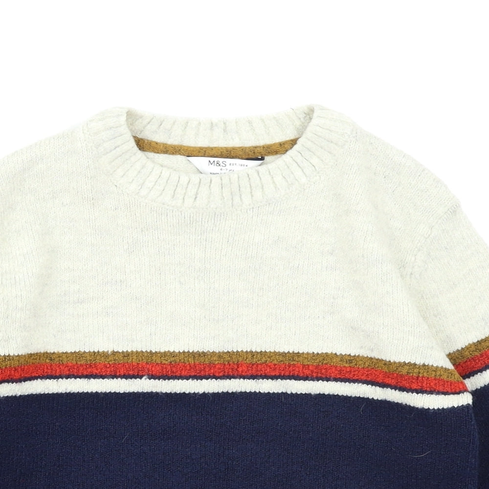 M&S Boys Blue Colourblock Knit Pullover Jumper Size 6-7 Years