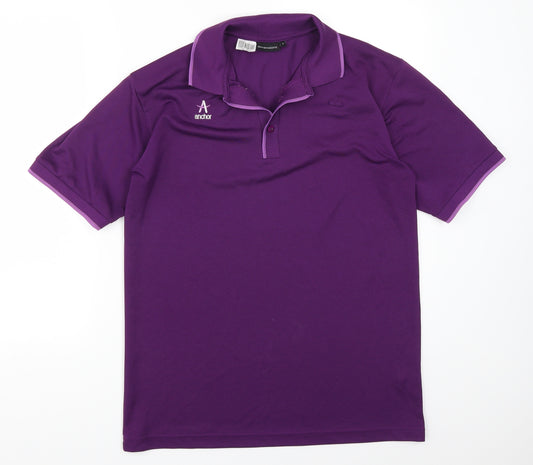 Front view of Dimesions men’s purple polo, size S, - anchor