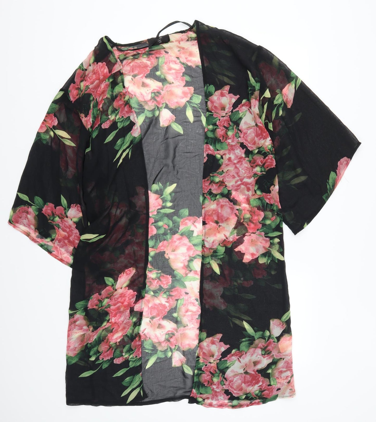 AX Paris Womens Black Floral  Kimono Jacket Size S  - Pink Flowers