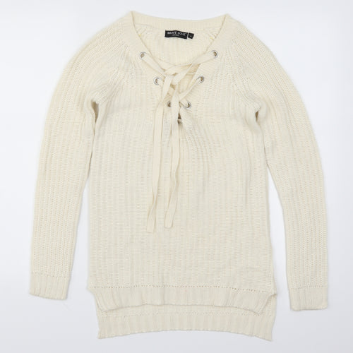Brave Soul Womens Beige   Pullover Jumper Size 8  - Cream Lace Up