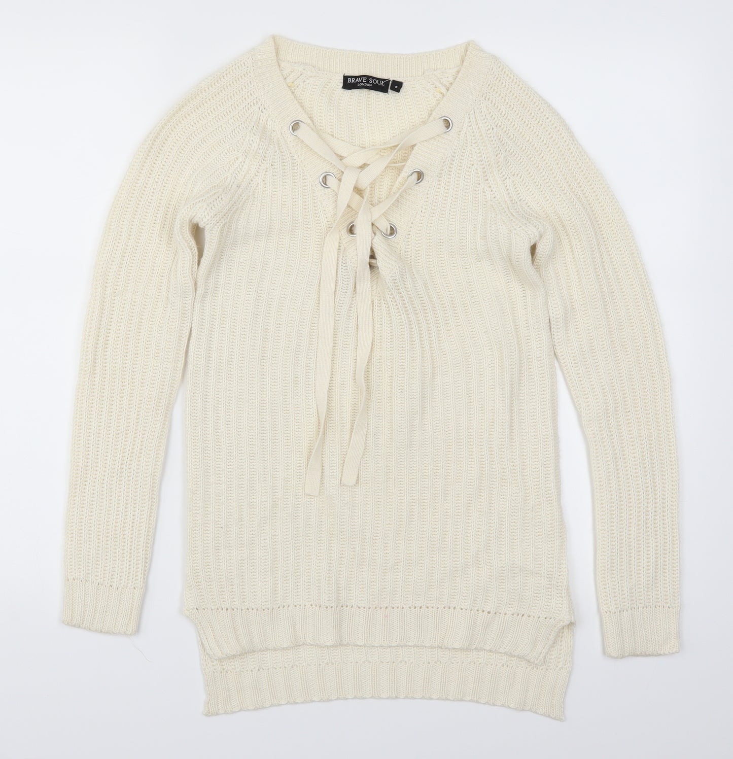 Brave Soul Womens Beige   Pullover Jumper Size 8  - Cream Lace Up