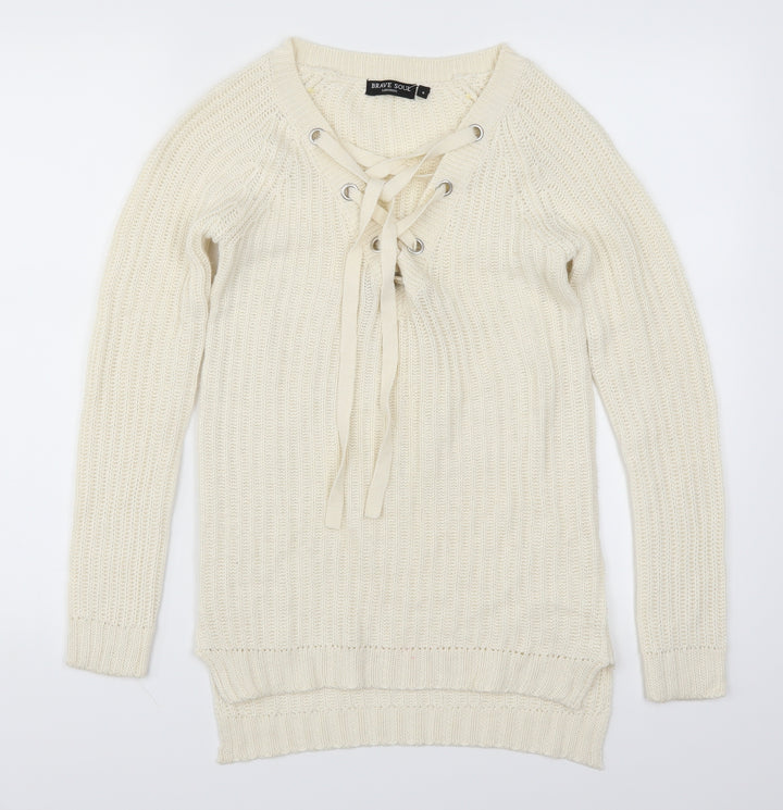 Brave Soul Womens Beige Pullover Jumper Size 8 - Cream Lace Up