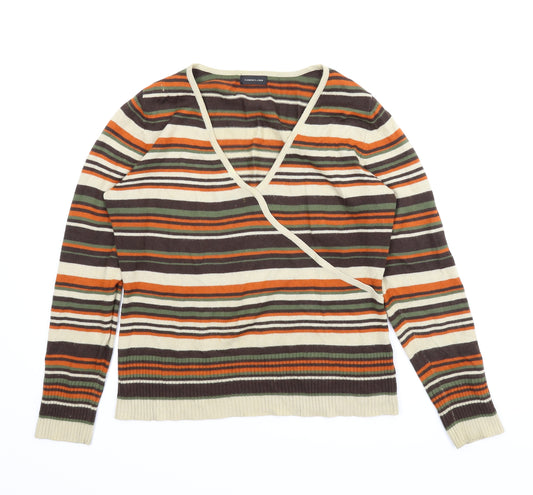 Front view of F&F women’s brown striped jumper, size UK 14