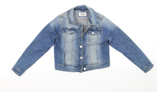Front view of deniem & co girls’ blue jacket coat, size 11-12, years