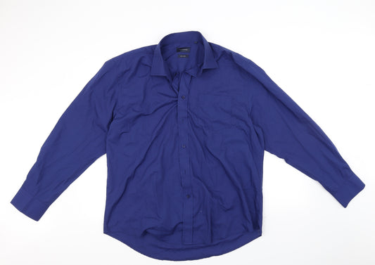 Front view of Taylor & Wright men’s blue button-up, size 17