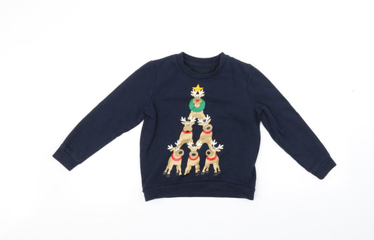 Front view of Lilly & Dan girls’ blue jumper, size 7-8, years - raindeer