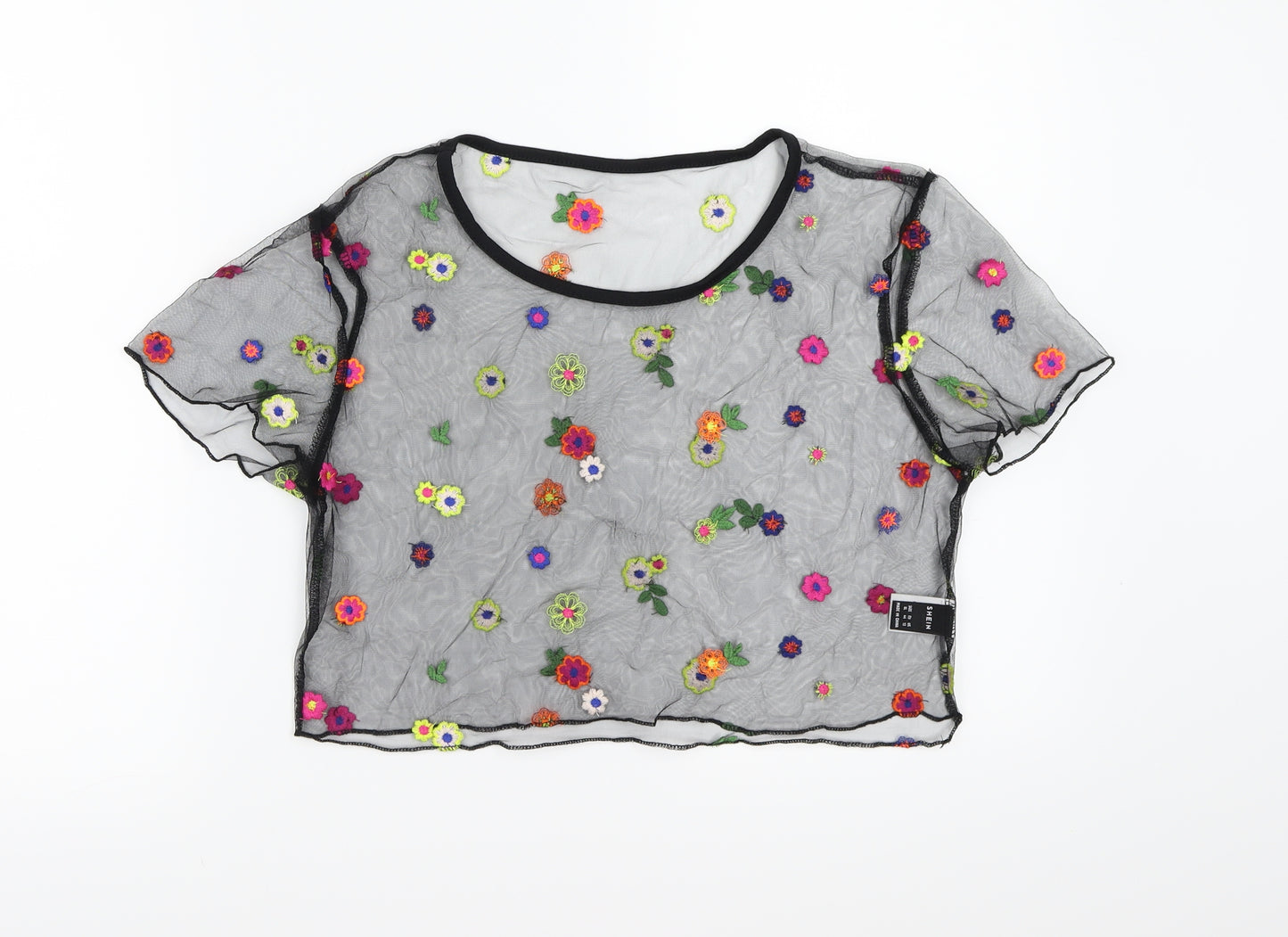 SHIEN Womens Black Floral Mesh Cropped T-Shirt Size XL  - Transparent