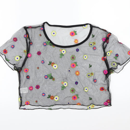 SHIEN Womens Black Floral Mesh Cropped T-Shirt Size XL  - Transparent