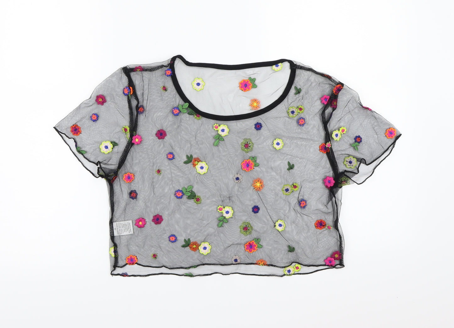 SHIEN Womens Black Floral Mesh Cropped T-Shirt Size XL  - Transparent