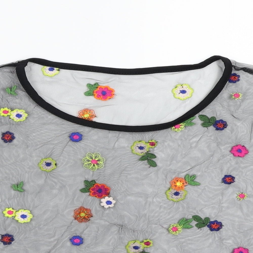 SHIEN Womens Black Floral Mesh Cropped T-Shirt Size XL  - Transparent