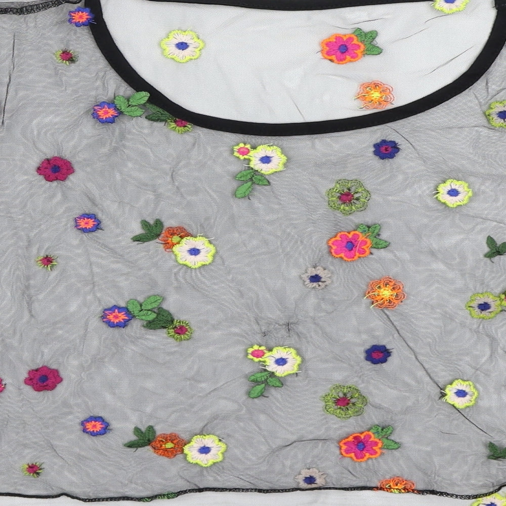 SHIEN Womens Black Floral Mesh Cropped T-Shirt Size XL  - Transparent