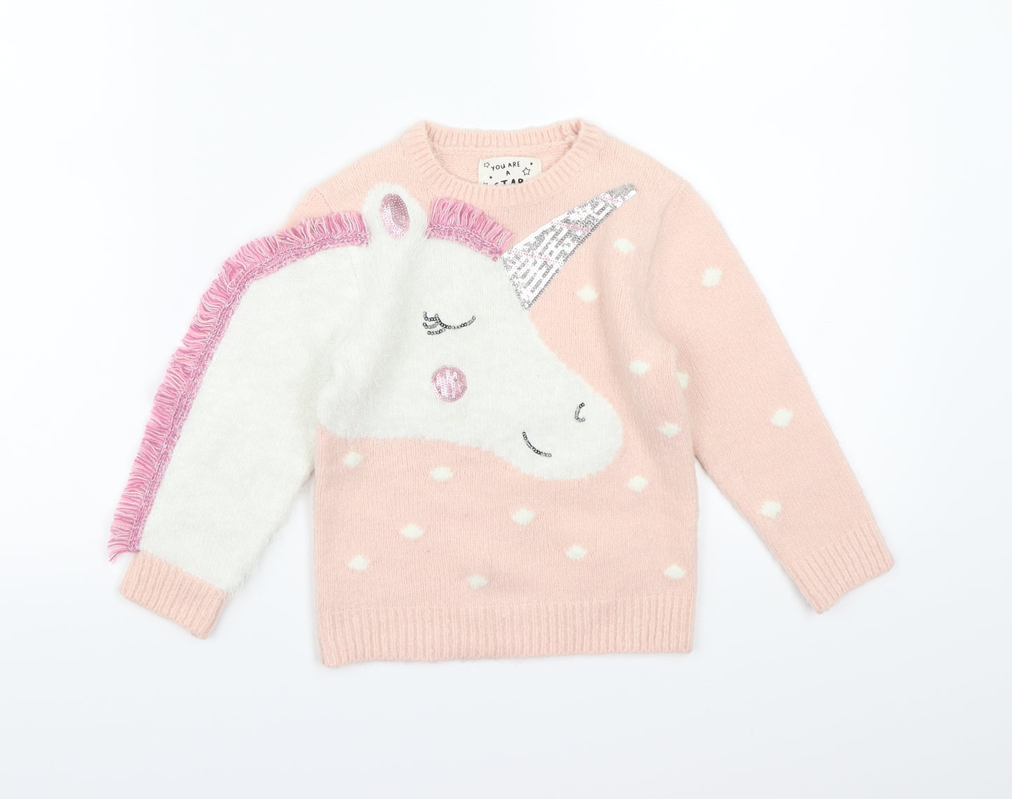 F&F Girls Pink  Knit Pullover Jumper Size 2-3 Years  - Unicorn