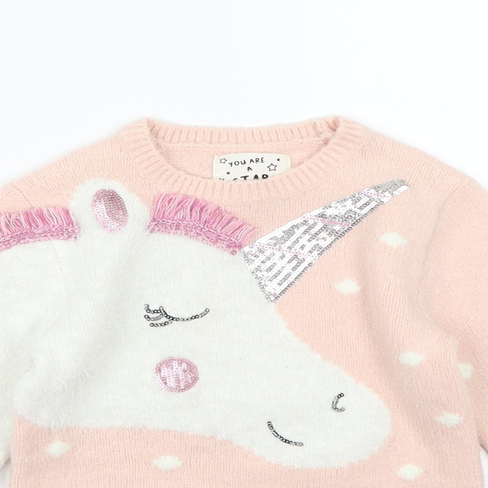 F&F Girls Pink  Knit Pullover Jumper Size 2-3 Years  - Unicorn
