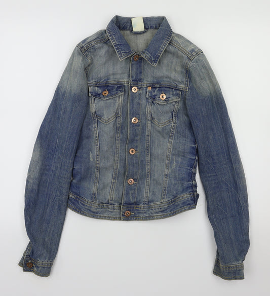 Front view of H&M women’s blue jacket, size UK 4