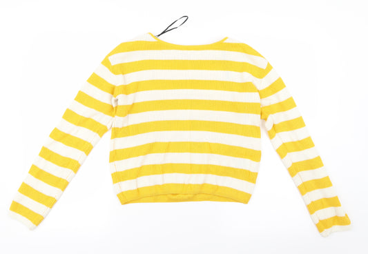 Front view of H&M girls’ yellow striped knit jumper, size 15, years