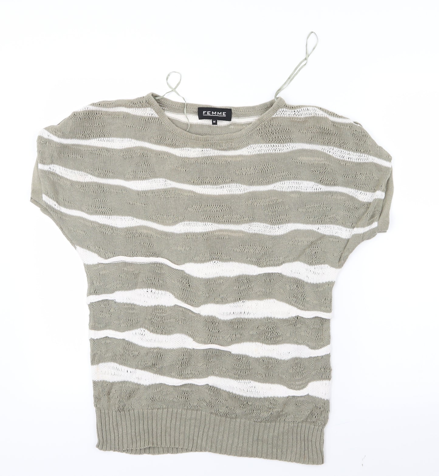 Femme Womens Green Striped Knit Basic T-Shirt Size M