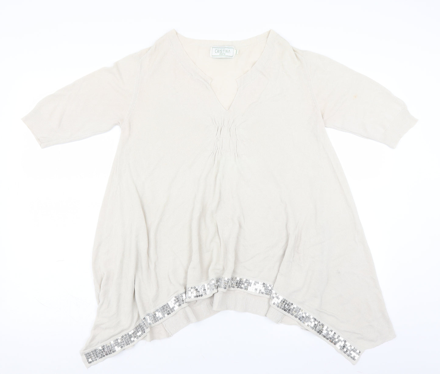 cristina paris Womens Ivory   Basic Blouse Size XL  - sequin hem aysymmetric